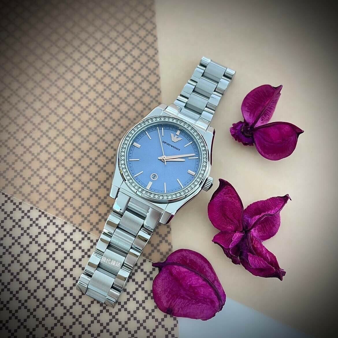 【EMPORIO ARMANI 亞曼尼】莫蘭迪藍環鑽女錶 AR11593 32mm 現代鐘錶