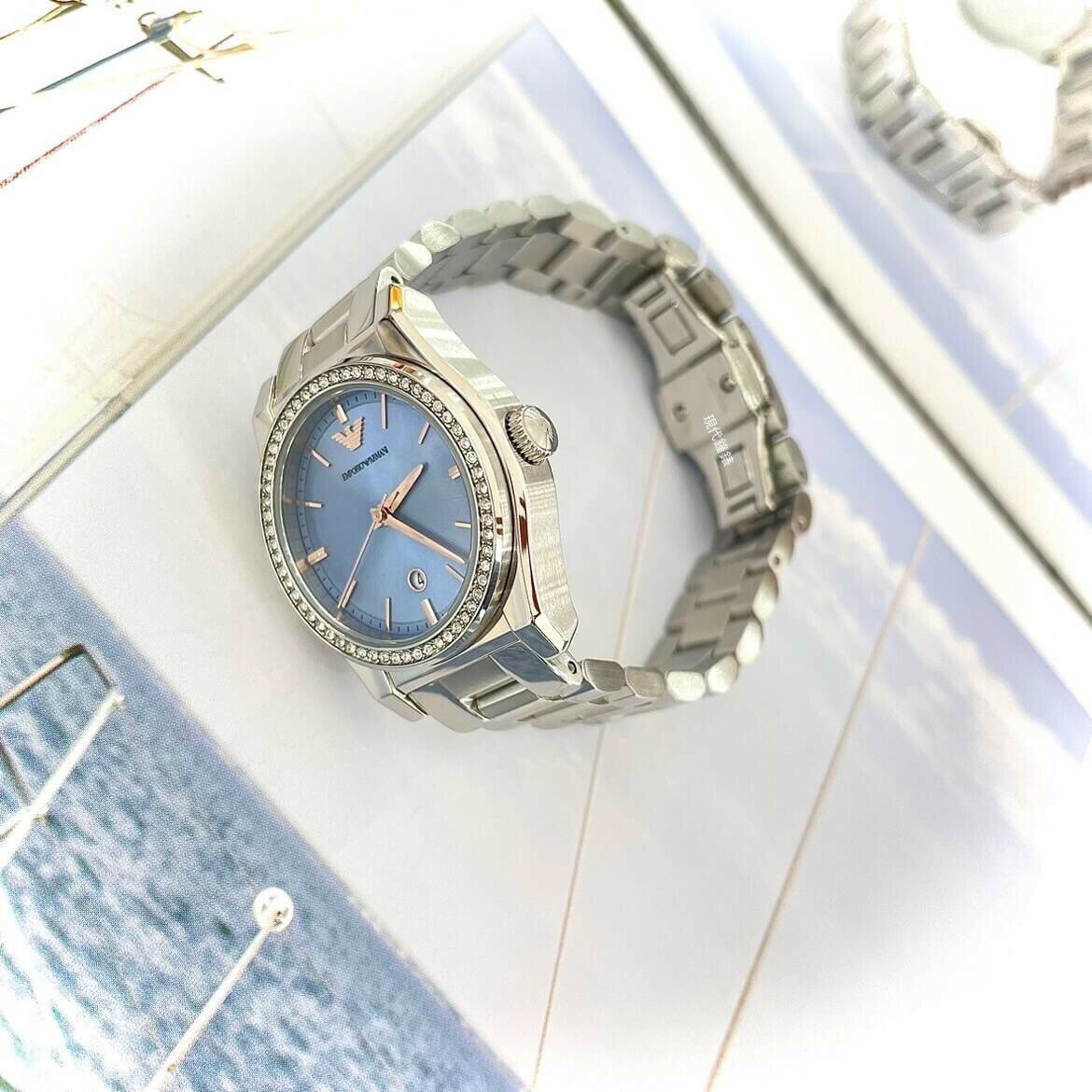 【EMPORIO ARMANI 亞曼尼】莫蘭迪藍環鑽女錶 AR11593 32mm 現代鐘錶