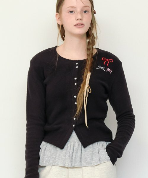 RONRON HEART BUTTON 3 RIBBON CARDIGAN
