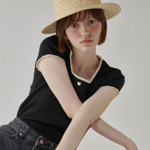 RONRON LACE SQUARE HEART NECK SHORT SLEEVE