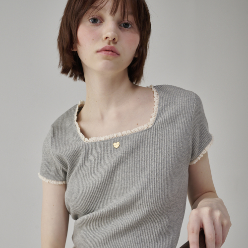 RONRON LACE SQUARE HEART NECK SHORT SLEEVE