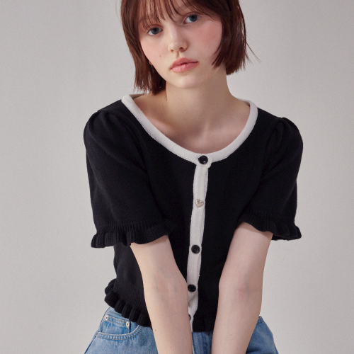 RONRON HEART BUTTON FRILL KNIT CARDIGAN