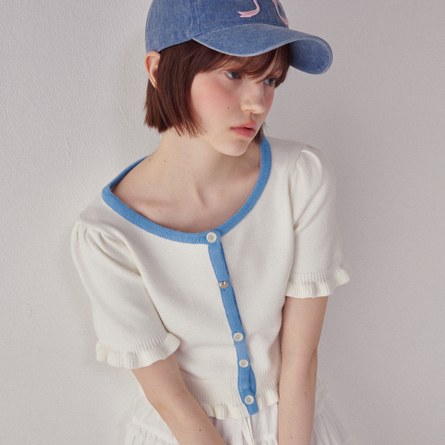 RONRON HEART BUTTON FRILL KNIT CARDIGAN