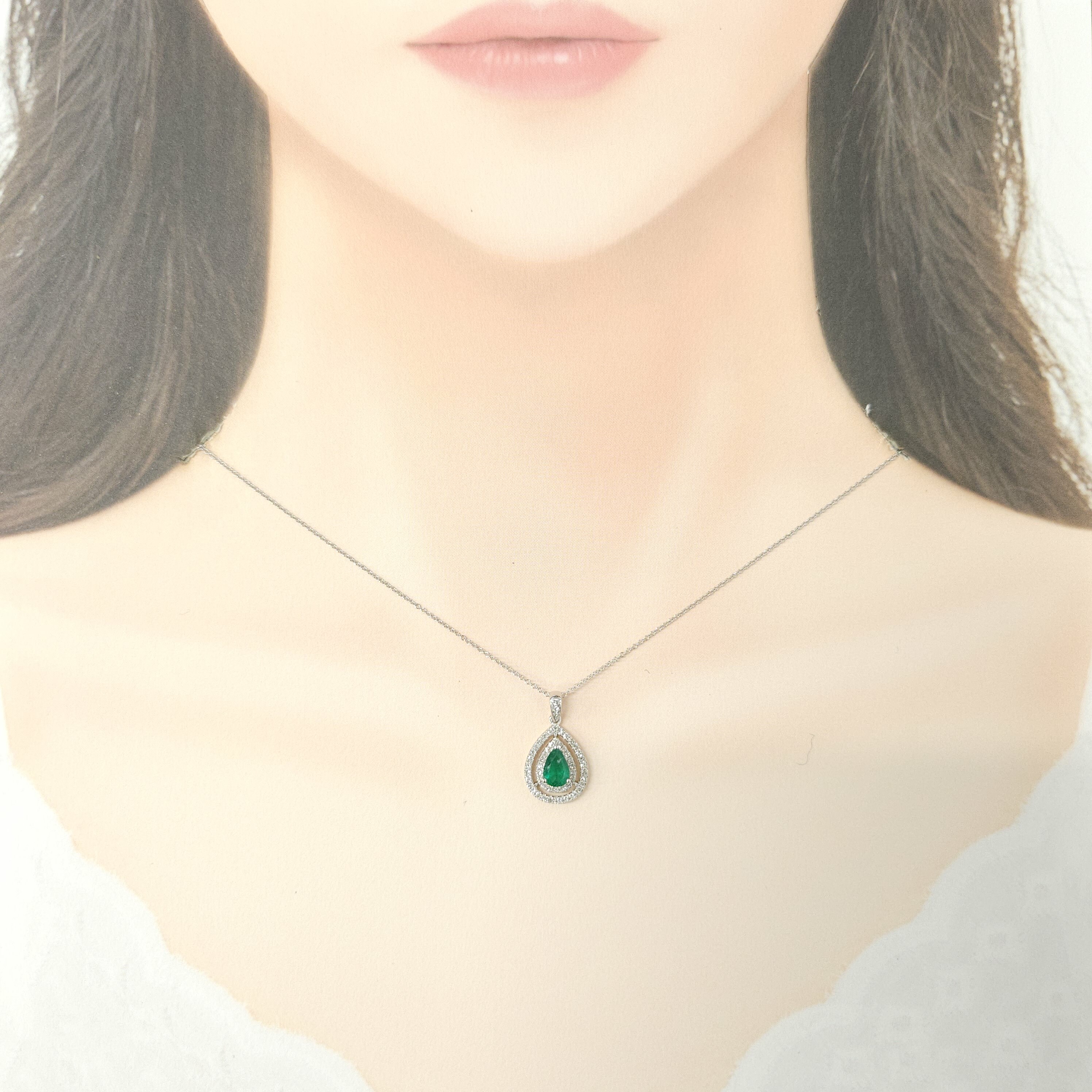 18K White Gold 0.45ct Emerald and Diamond Pendant