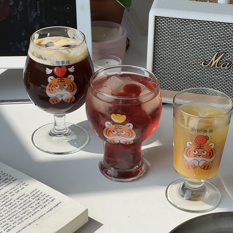 《3832》韓式印花小老虎玻璃啤酒杯400ML