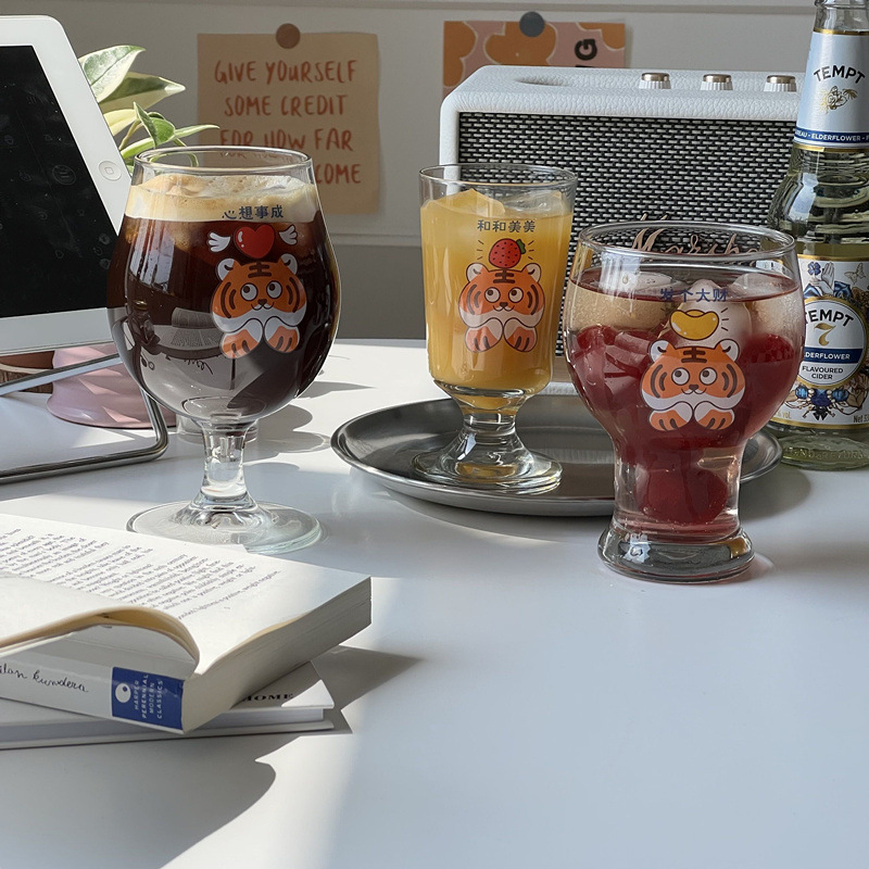 《3832》韓式印花小老虎玻璃啤酒杯400ML