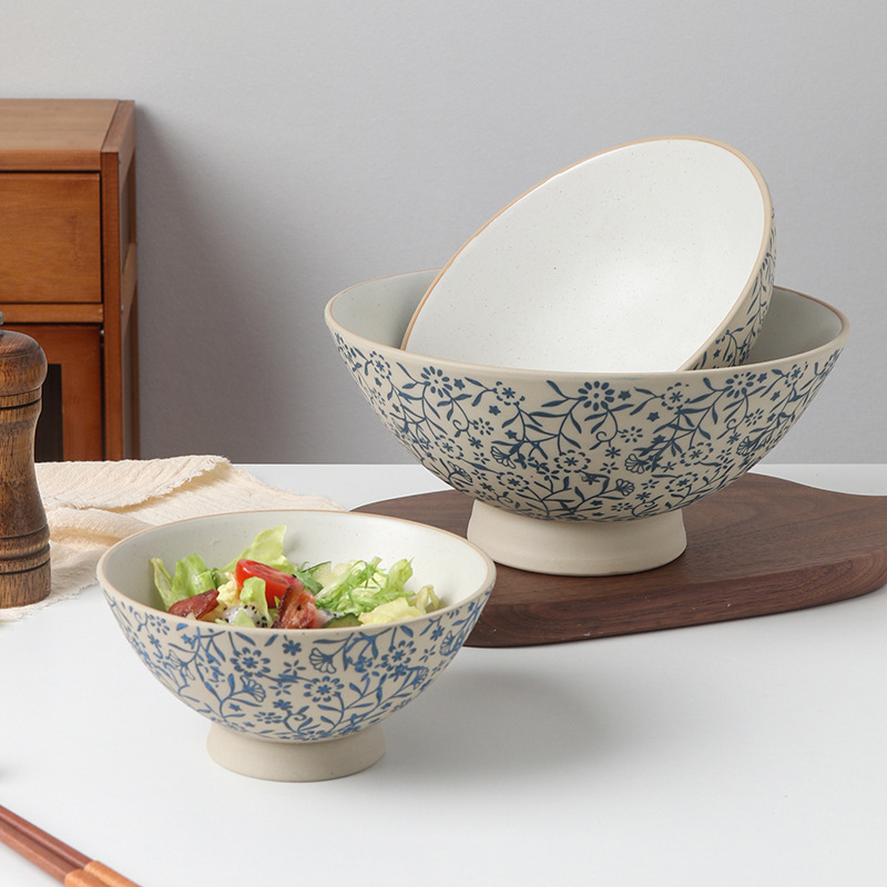 《3837》日式藍花紋粗陶斗笠碗