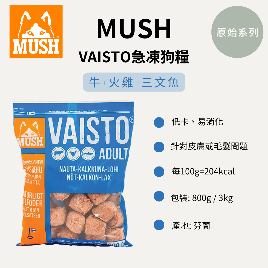 Mush 芬蘭急凍狗糧VAISTO 牛 + 火雞 + 三文魚 (藍)