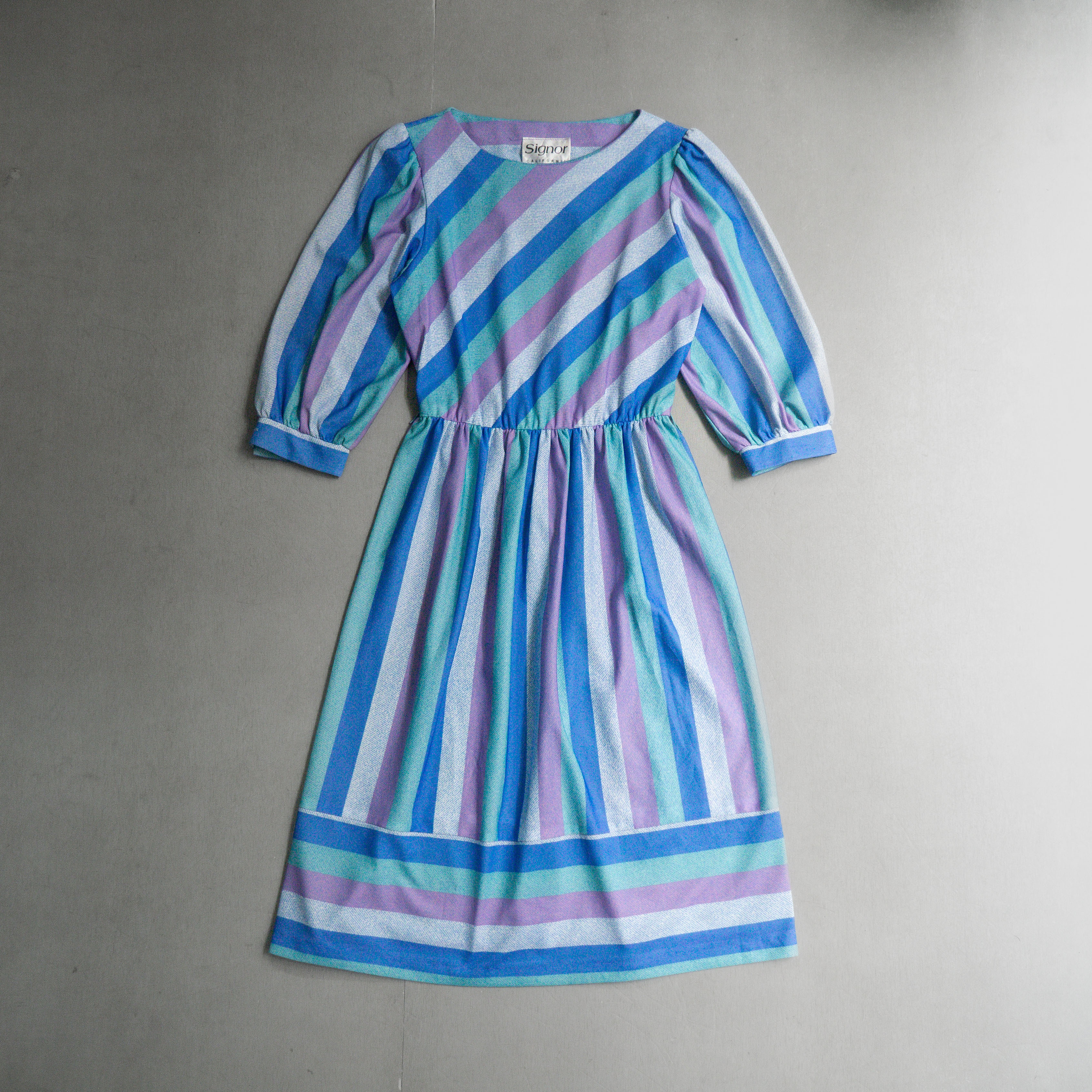 90S VINTAGE DRESS 美國 藍色 條紋 七分袖 抓皺 船領 襯衫 洋裝