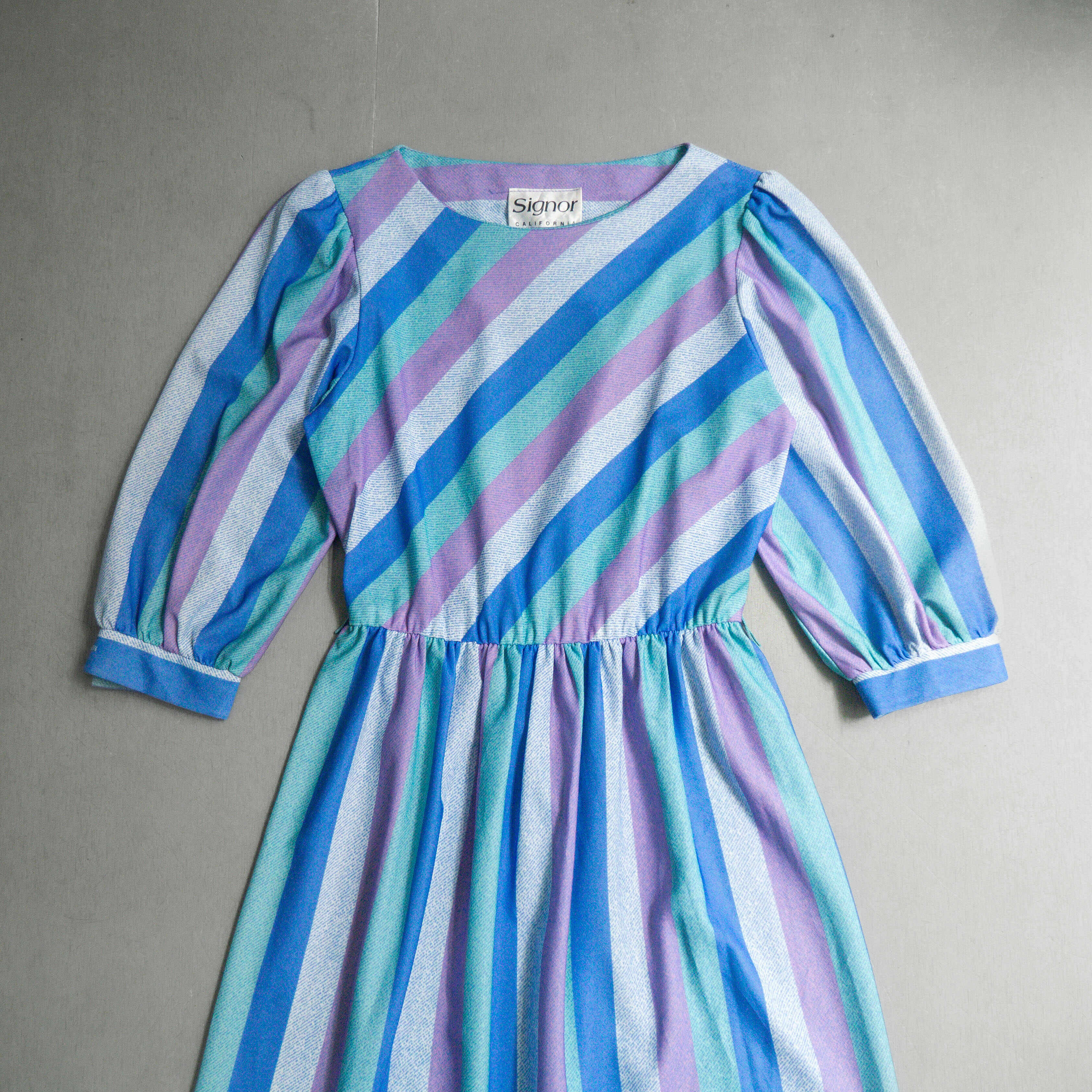 90S VINTAGE DRESS 美國 藍色 條紋 七分袖 抓皺 船領 襯衫 洋裝
