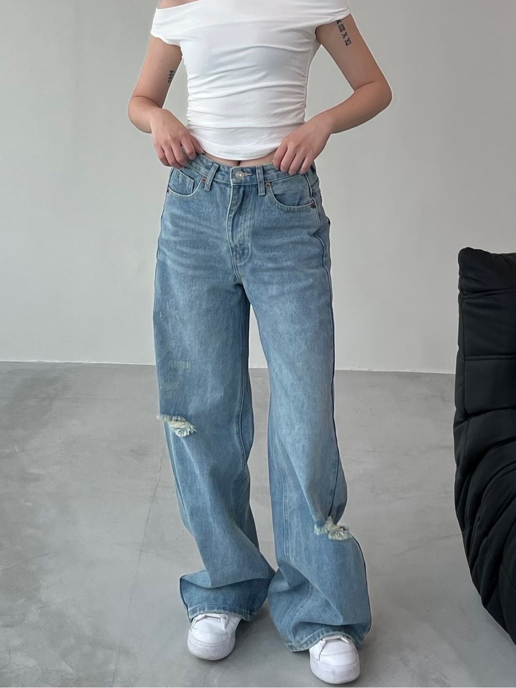 大推💞刷破水洗牛仔寬褲(2色)