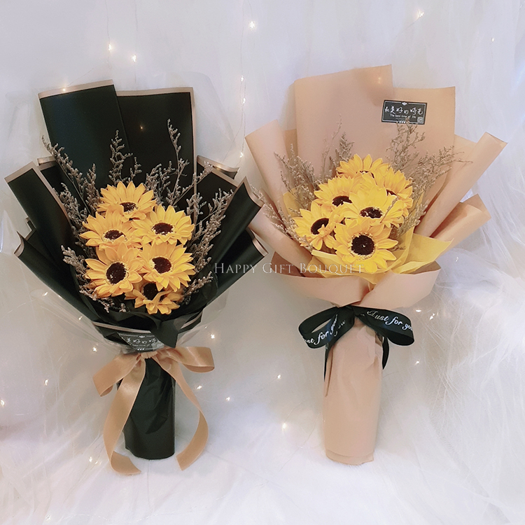 六朵向日葵香皂花束,牛皮紙包裝,黑色包裝