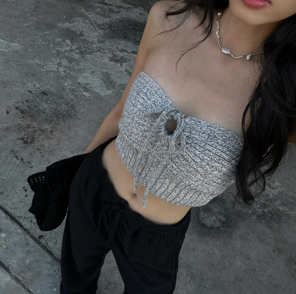 TH MIXED KNIT TOP (GREY)