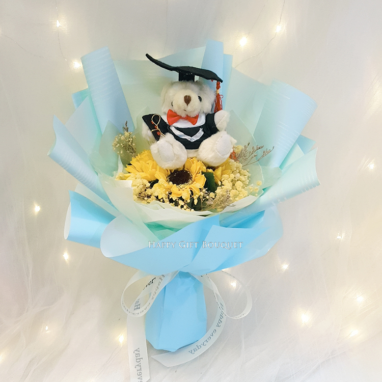 畢業熊向日葵香皂花束,藍色包裝