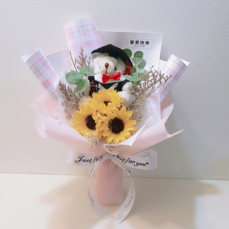 畢業熊向日葵香皂花束,粉色包裝