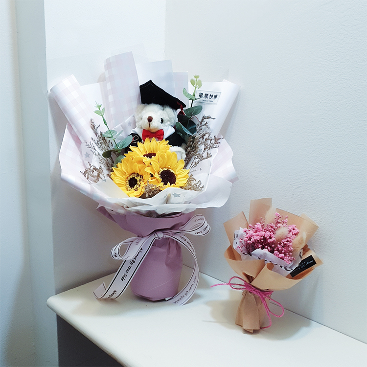 畢業熊向日葵香皂花束,粉色包裝