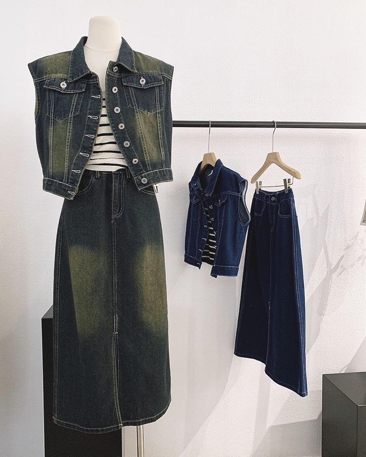 P7788 - Denim  Sleeveless Vest +High Waist Long Skirt (Pre Order)