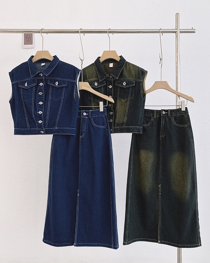 P7788 - Denim  Sleeveless Vest +High Waist Long Skirt (Pre Order)