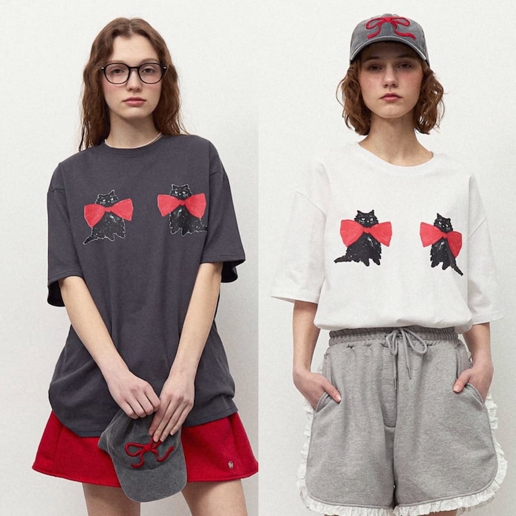 【RONRON】RIBBON CATS T SHIRT RIBBON CATS T SHIRT CHARCOAL - RONRON 론론