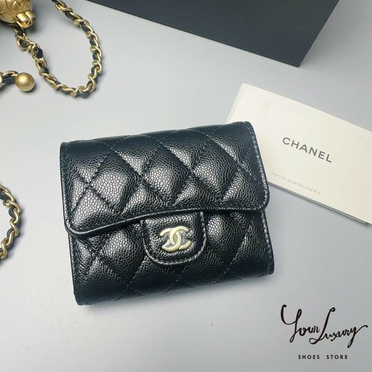 【Luxury】現貨  CHANEL 香奈兒 精品代購 經典小型口蓋皮夾 黑色 黑金 牛皮 荔枝紋 金扣 銀扣