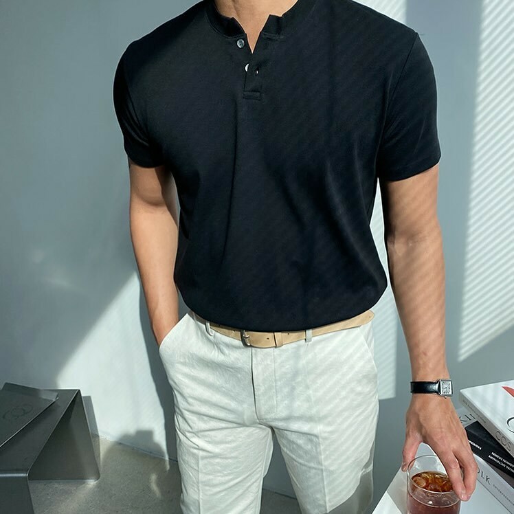 基本肌肉款亨利領短袖T恤