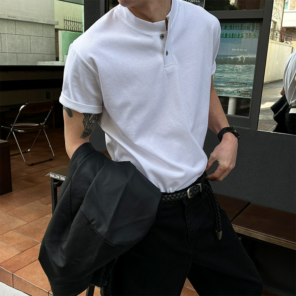 基本肌肉款亨利領短袖T恤