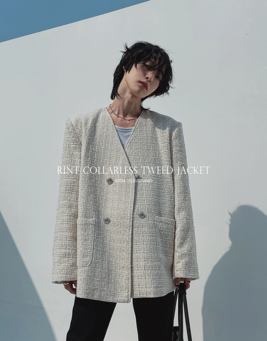 寬版V領雙排扣粗花呢西裝外套