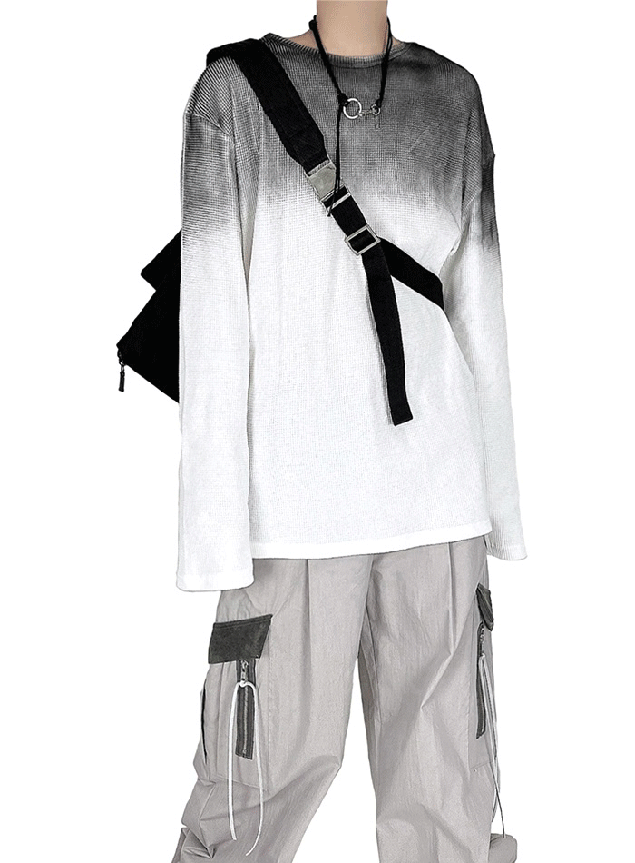 噴霧雙色華夫格長袖T恤