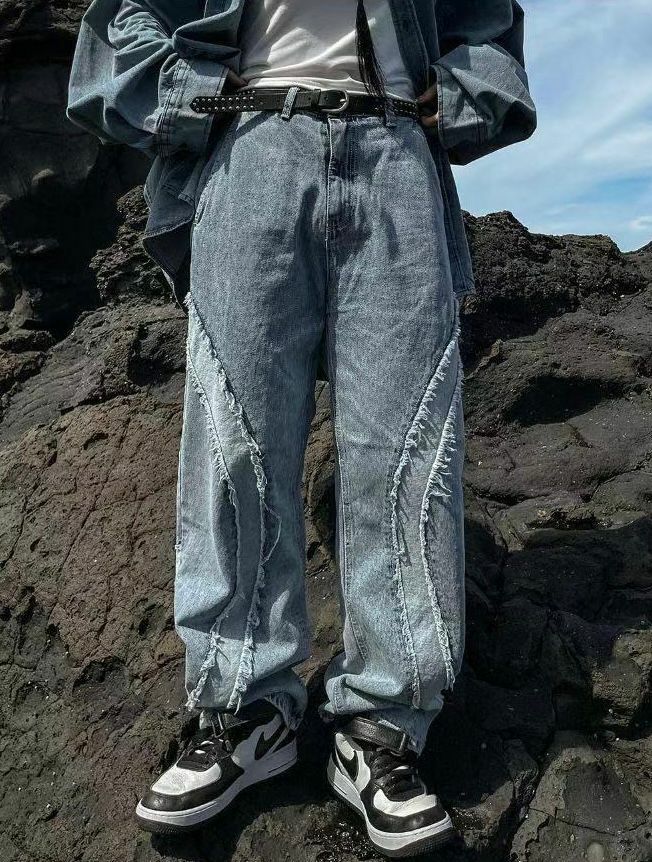 拼色流蘇鬆身牛仔褲 J726