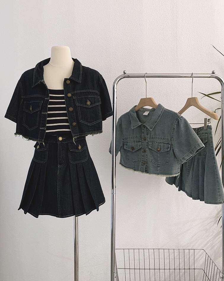 P7851 - Denim  Short Sleeve Top + Pleated Short Skirt (Pre Order)