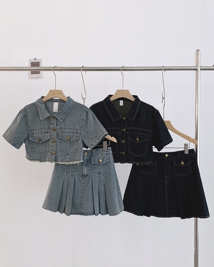 P7851 - Denim  Short Sleeve Top + Pleated Short Skirt (Pre Order)