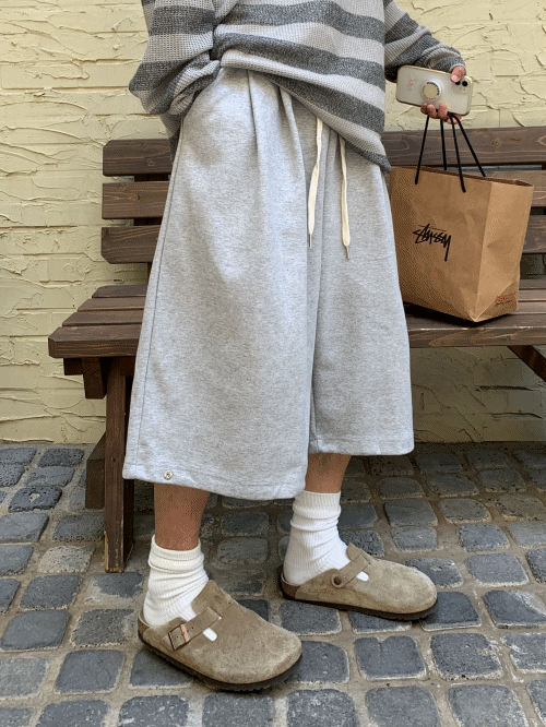 寬版雙褶按扣7分褲