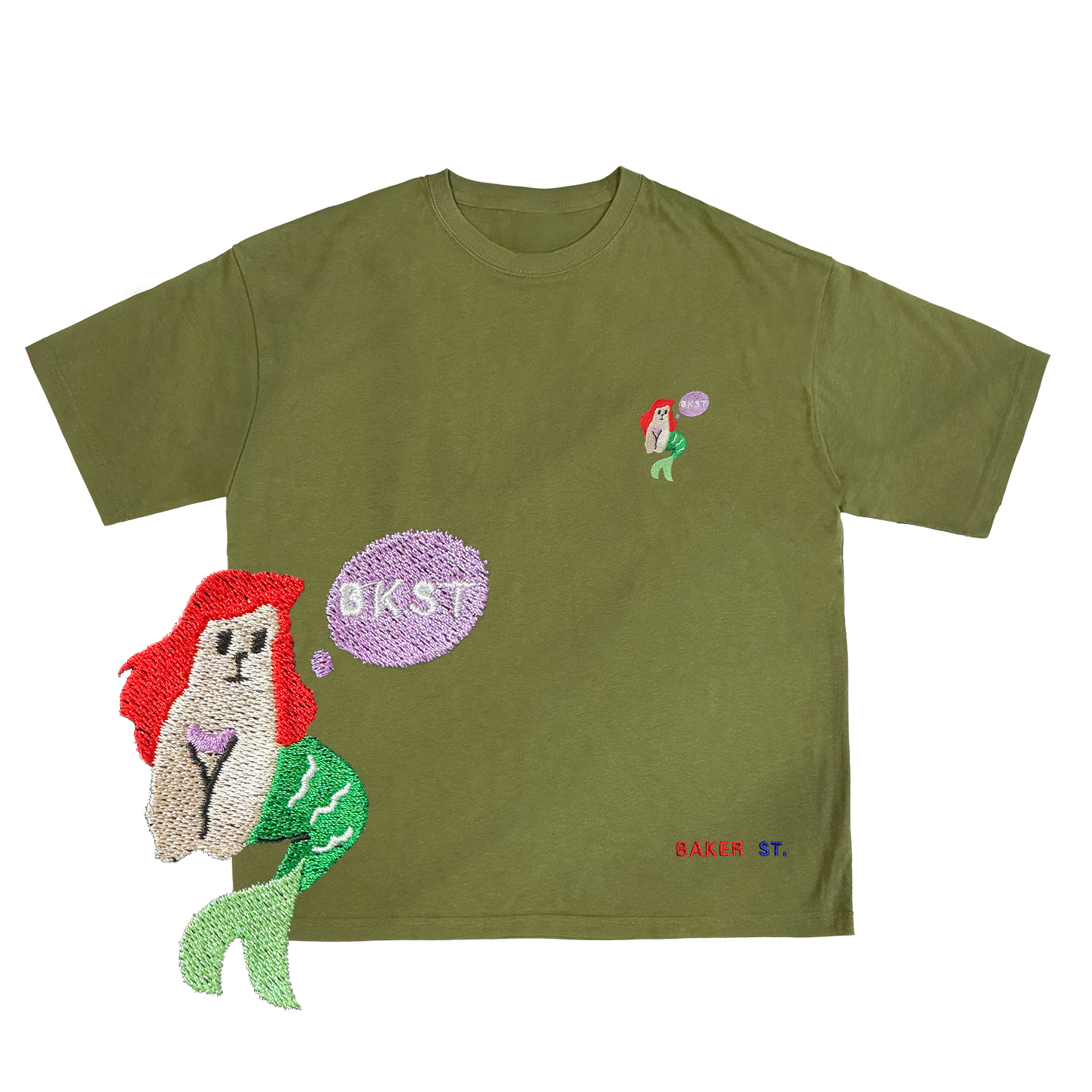 Embroidery-小美駝魚 刺繡  寬版落肩  短T