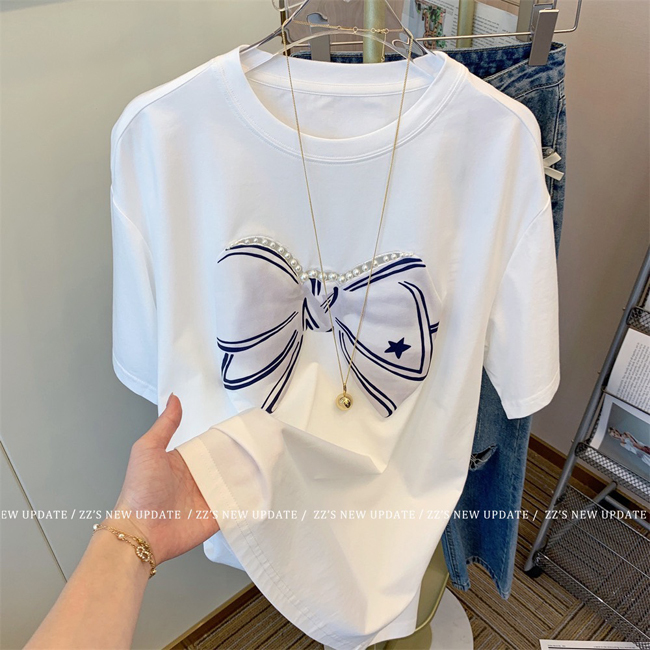 重工蝴蝶結珍珠上衣-白色