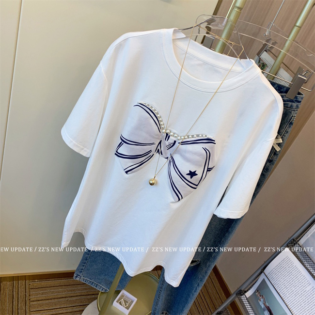 重工蝴蝶結珍珠上衣-白色