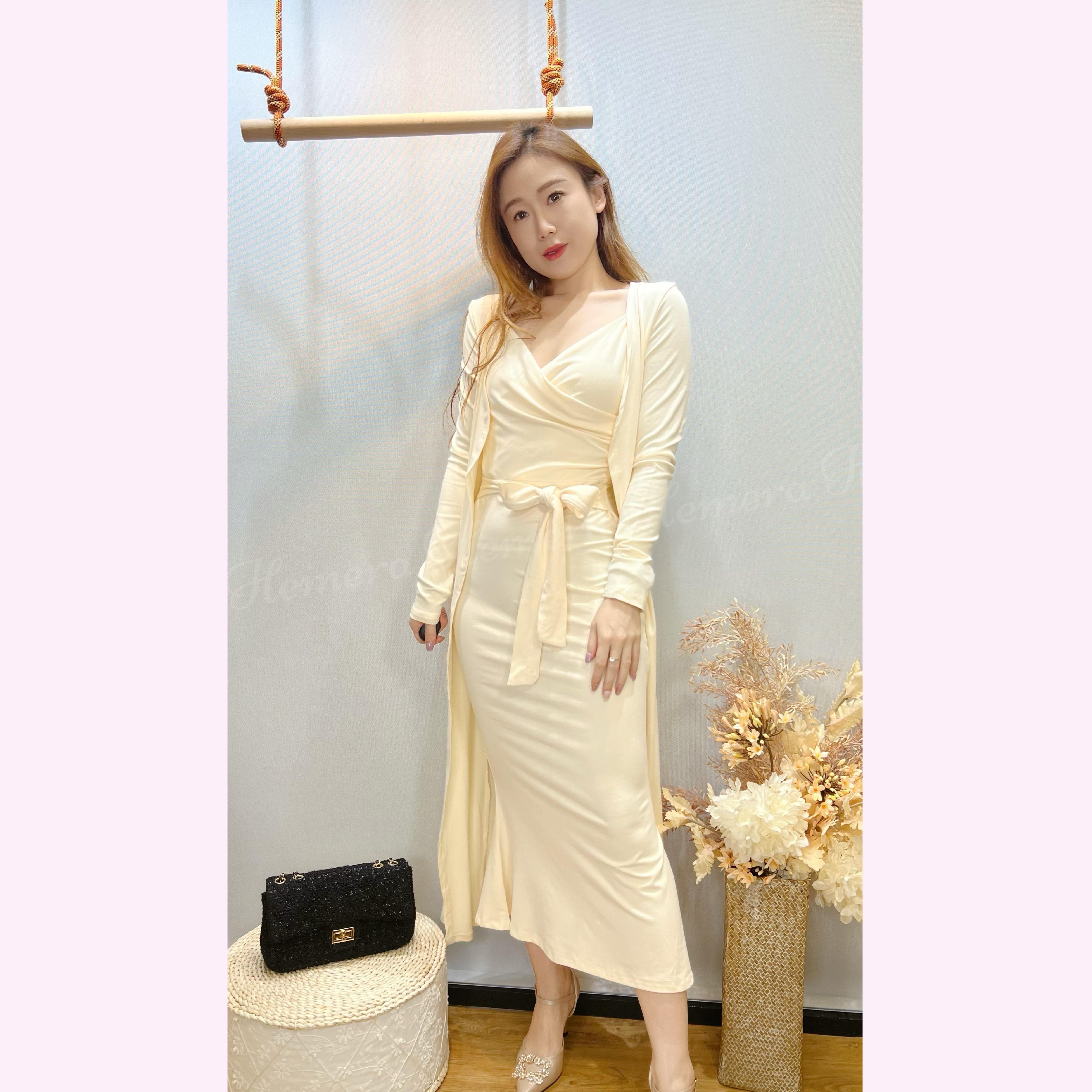 ST24W0328 中長版顯瘦連身裙連長版外套套裝