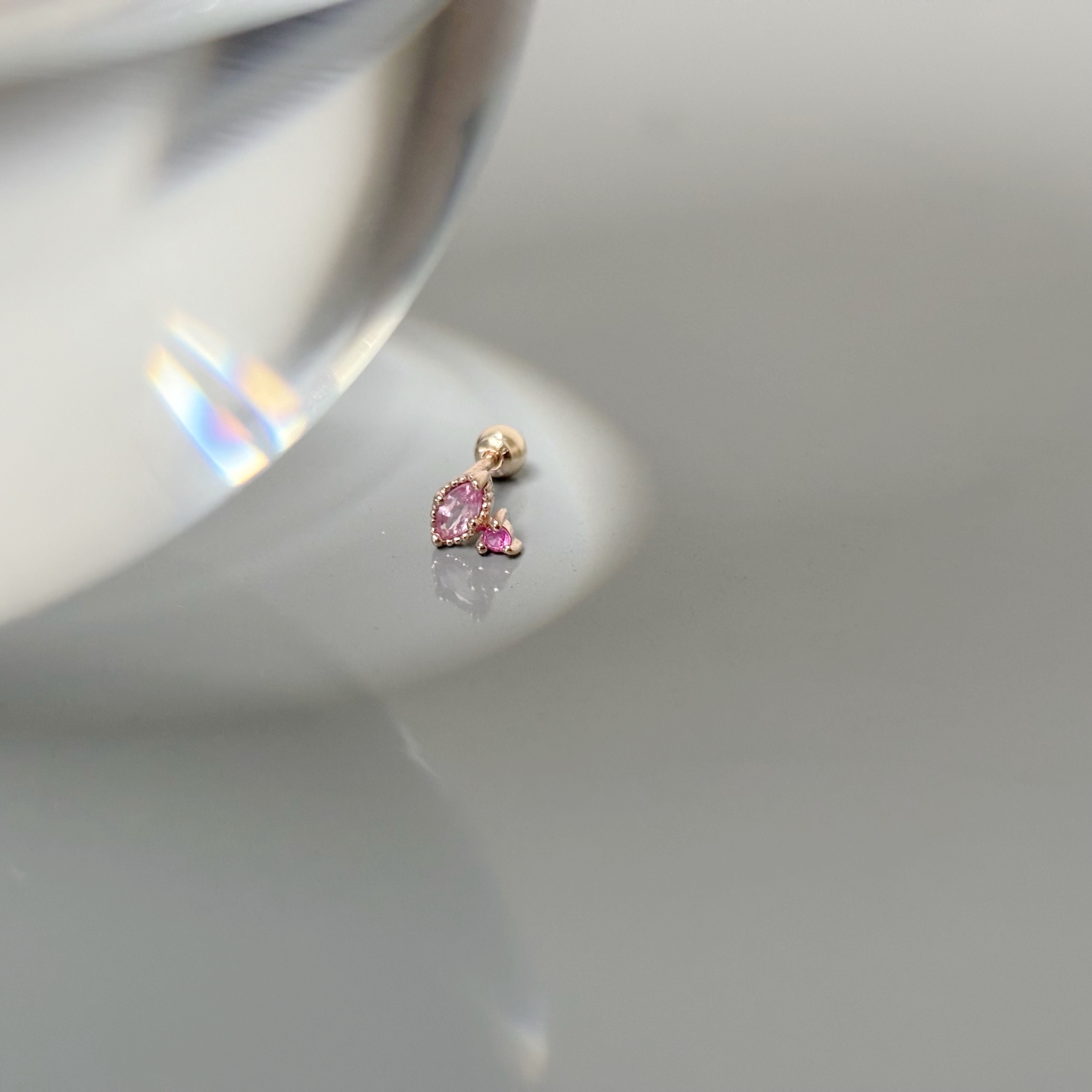 14k marquise粉色藍寶紅寶石轉珠耳環