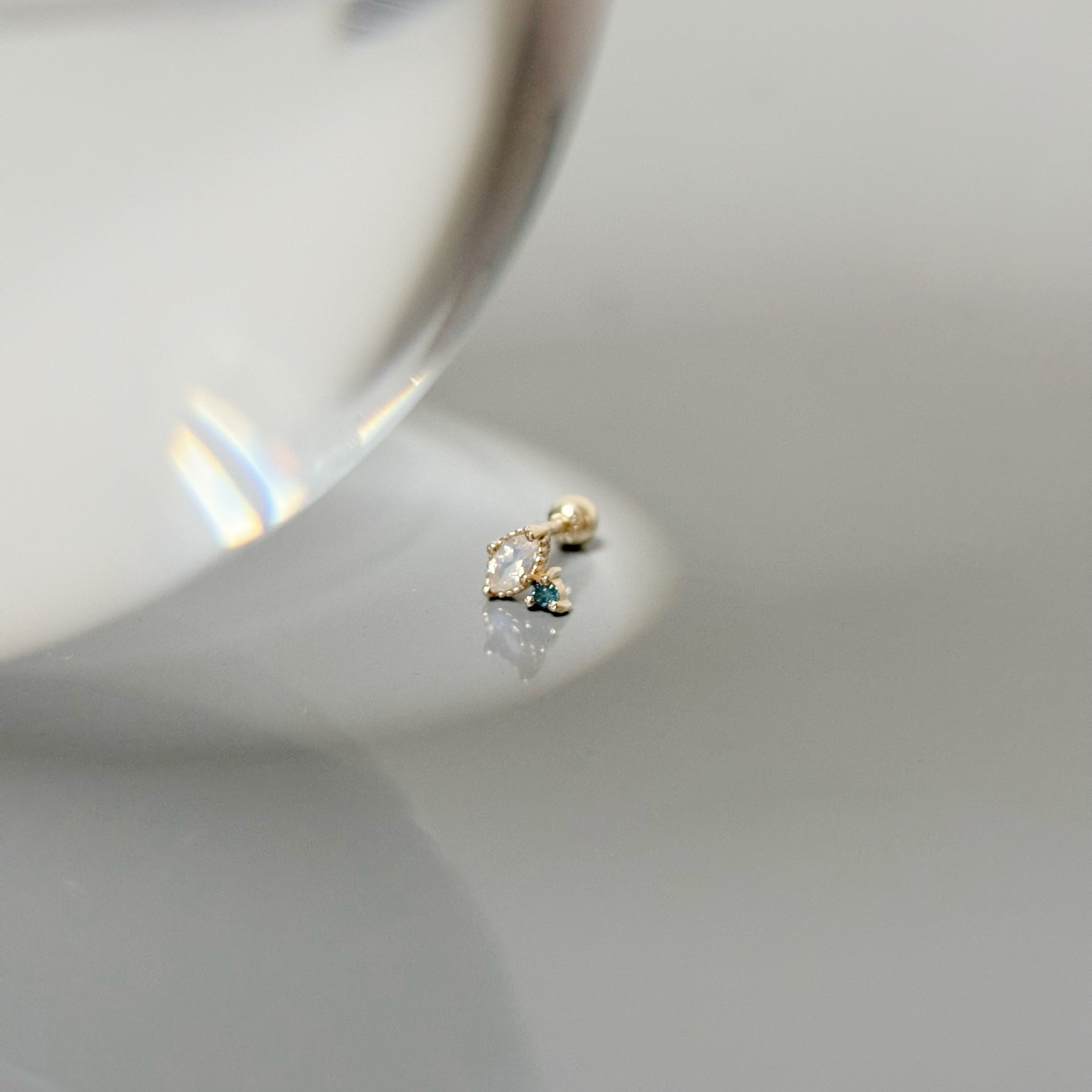 14k marquise月光石藍鑽轉珠耳環