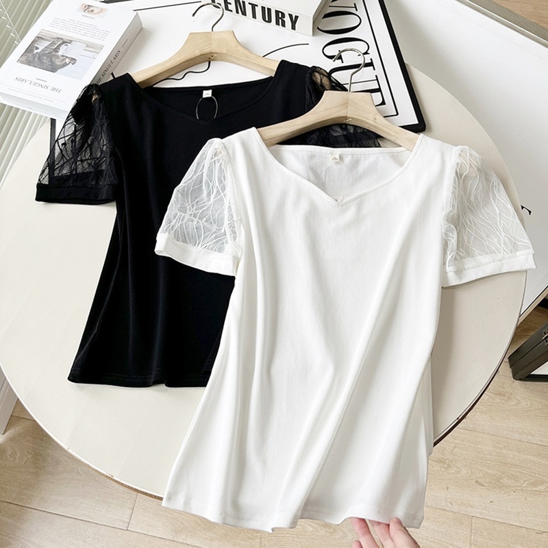 V領網紗袖柔棉上衣 兩色