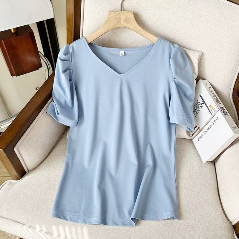 V領公主褶袖柔棉上衣 三色