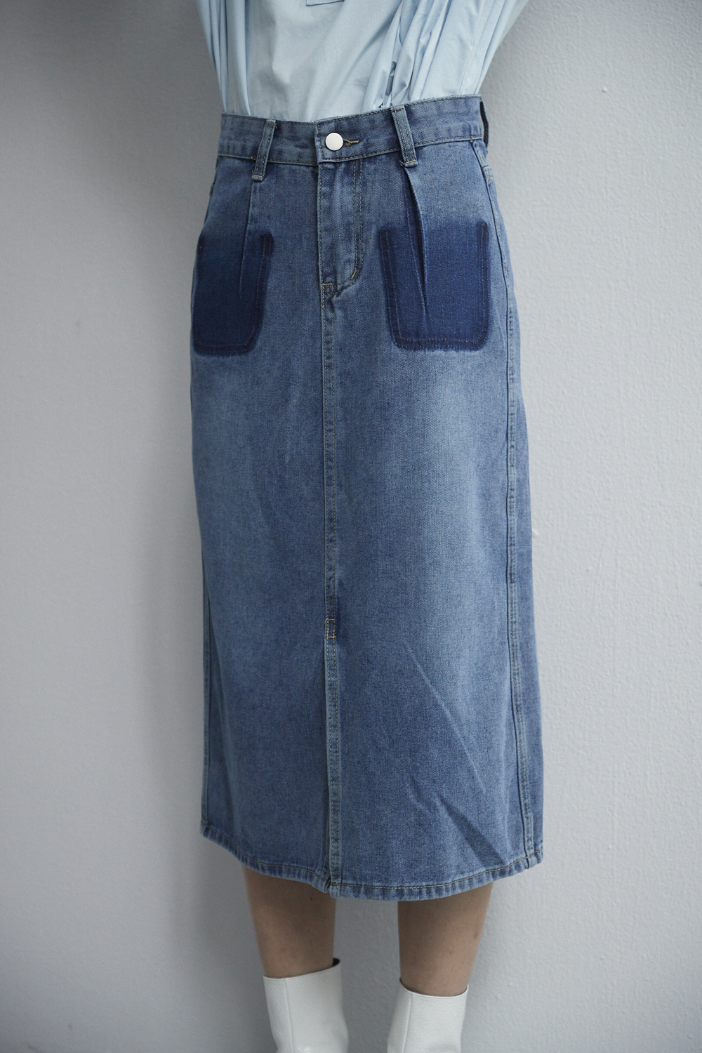 水洗口袋造型牛仔裙