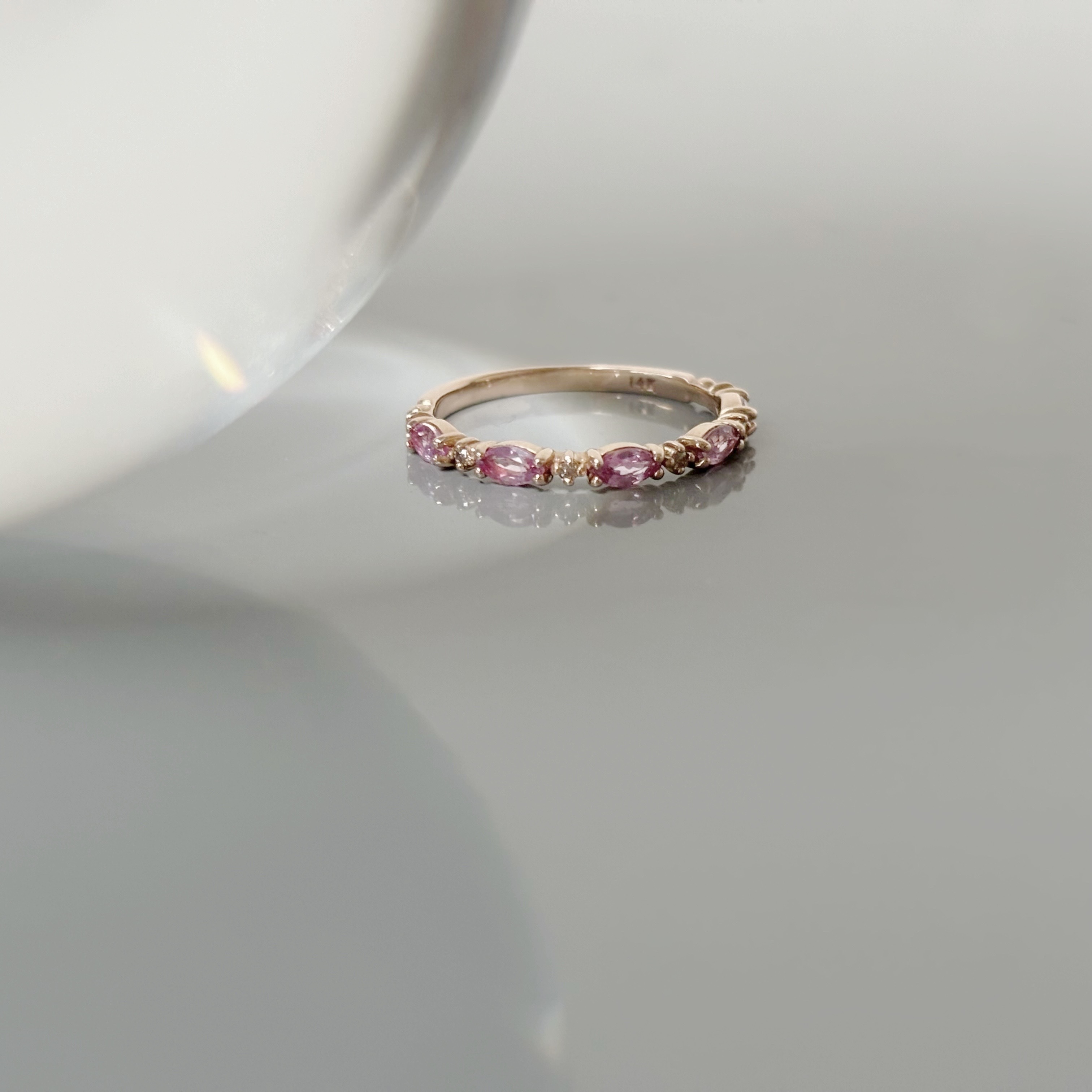 14k marquise粉色藍寶石真鑽戒指