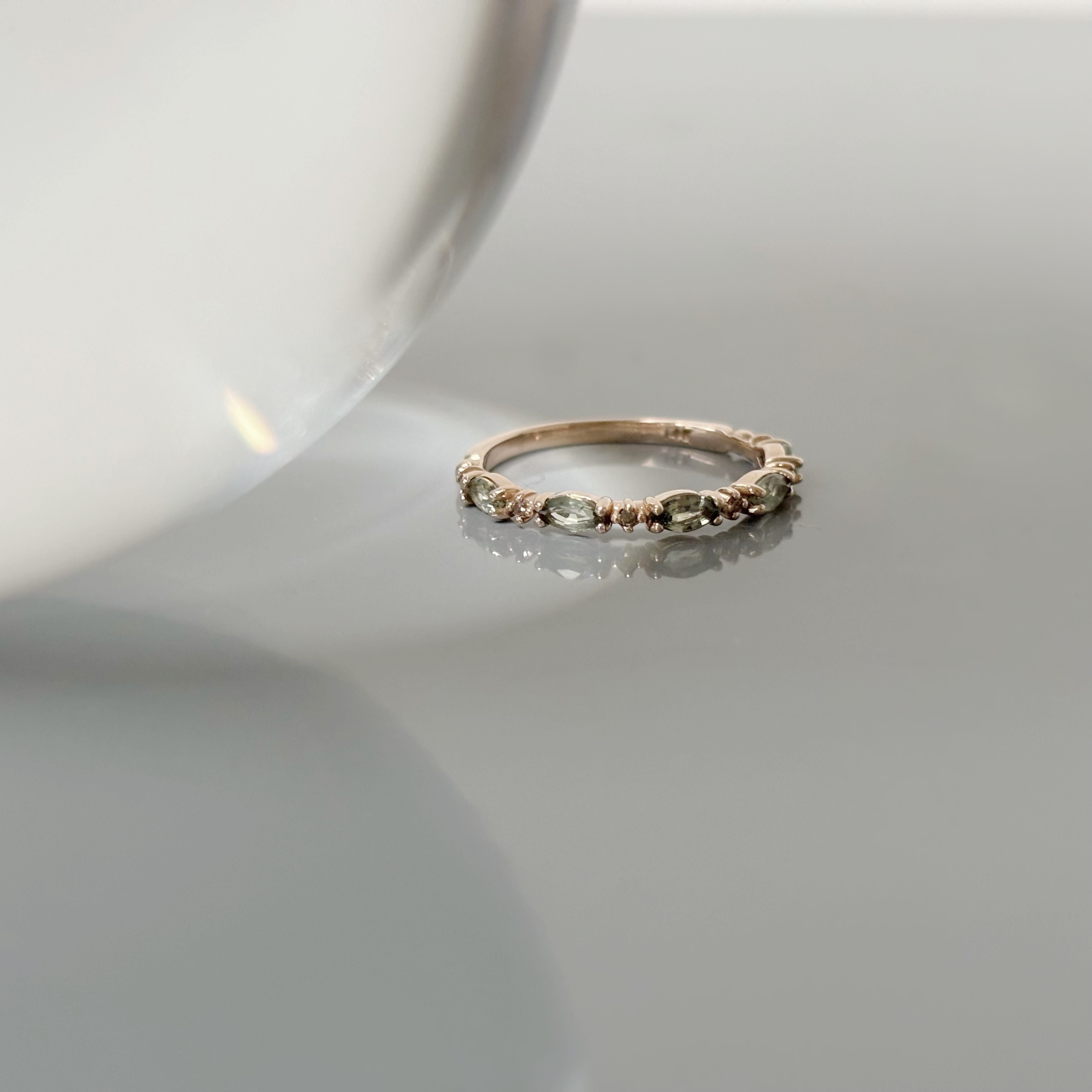 14k marquise綠色藍寶石真鑽戒指