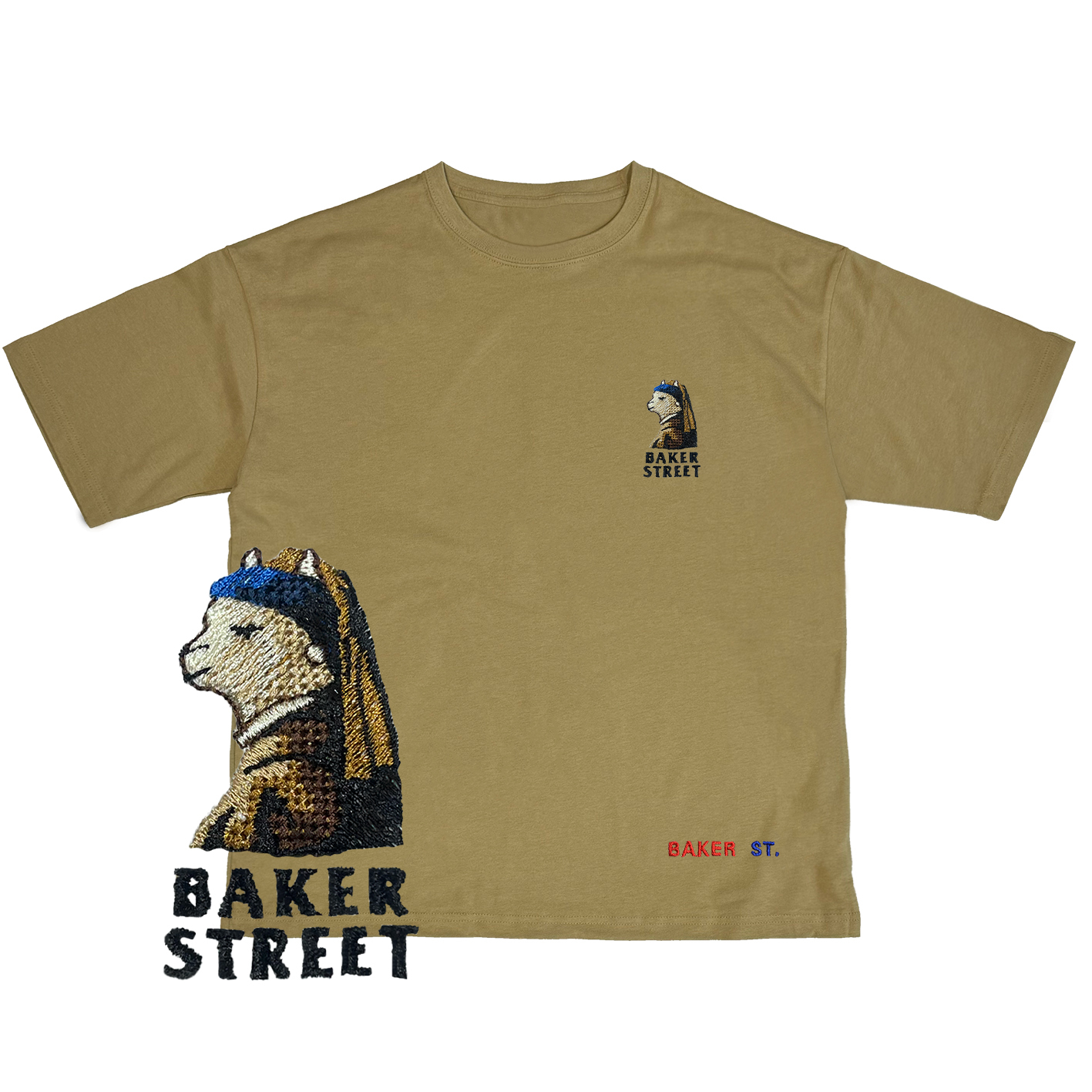 Embroidery-珍珠少女駝 刺繡  寬版落肩  短T