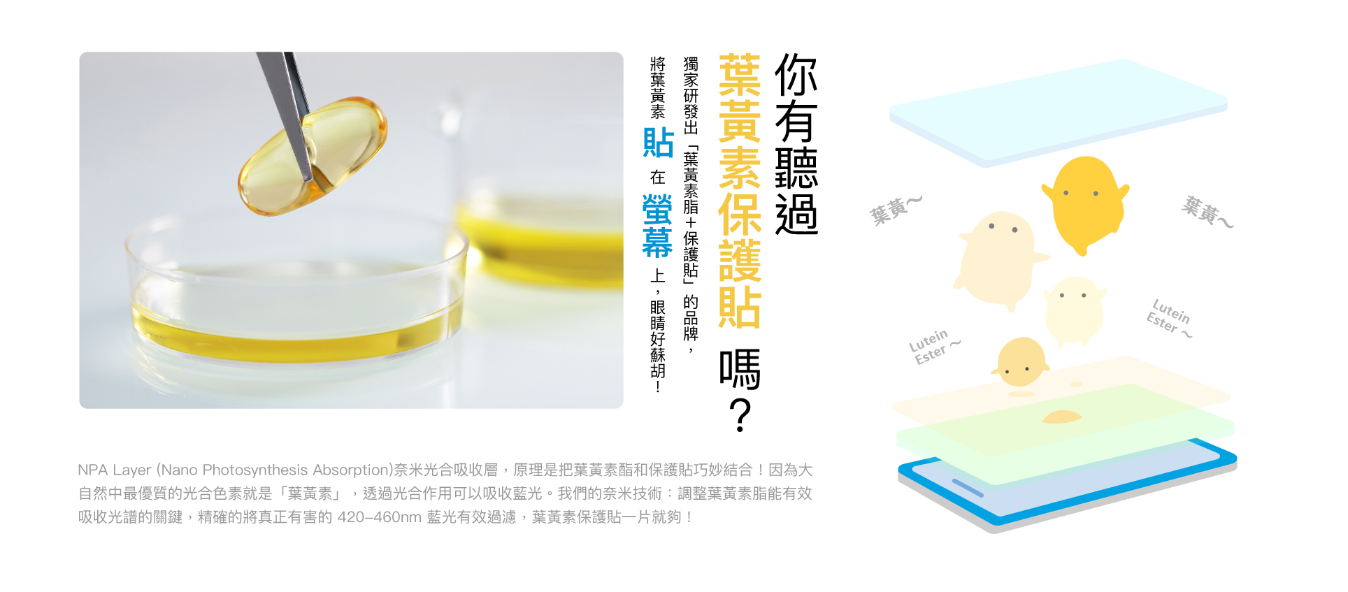 你有聽過 iPhone 葉黃素保護貼嗎？獨家研發出葉黃素脂＋保護貼的品牌，將葉黃素貼在螢幕上，眼睛好舒服。