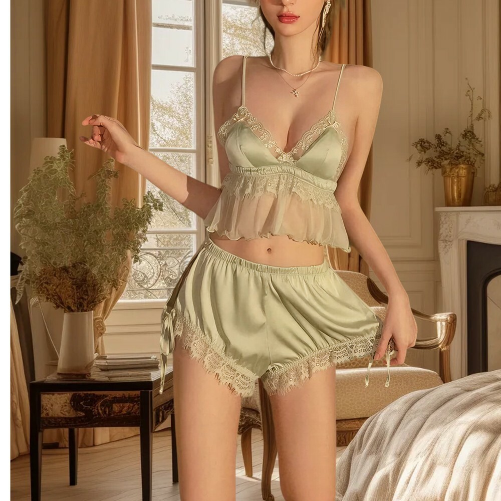 法式純欲 蕾絲吊帶+小短褲 (有胸墊)