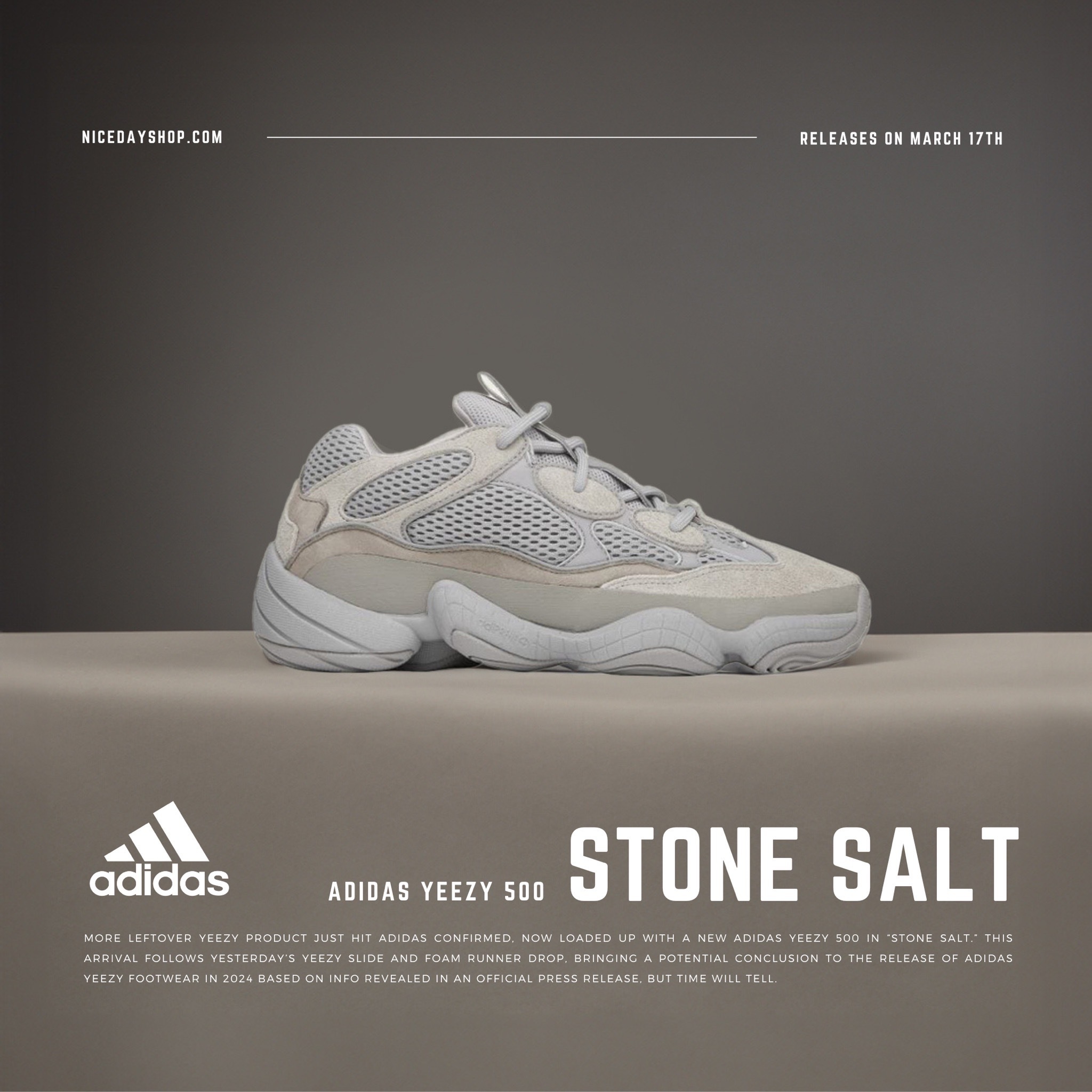 NICEDAY Adidas Yeezy 500 Stone Salt 石鹽灰色椰子男女尺寸IE478