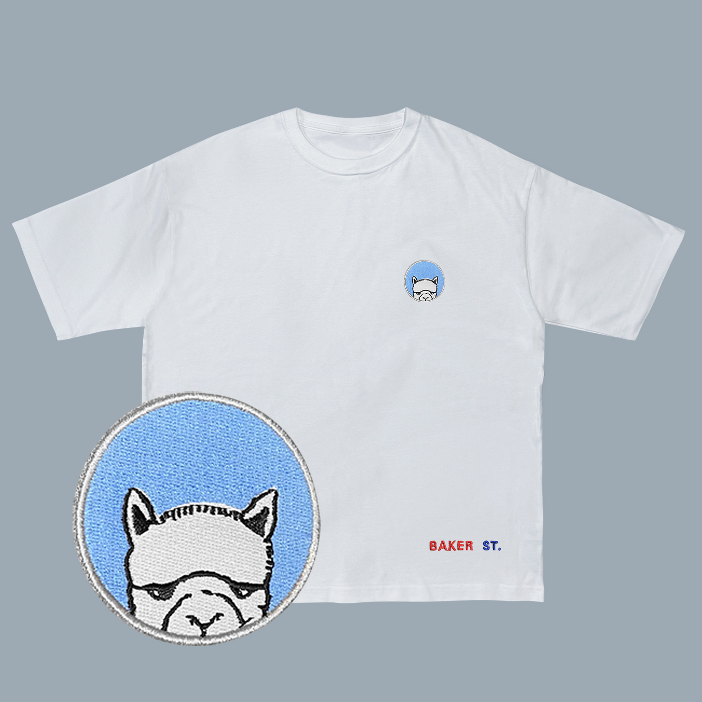 Embroidery-躲貓貓羊駝淺藍 刺繡  寬版落肩  短T