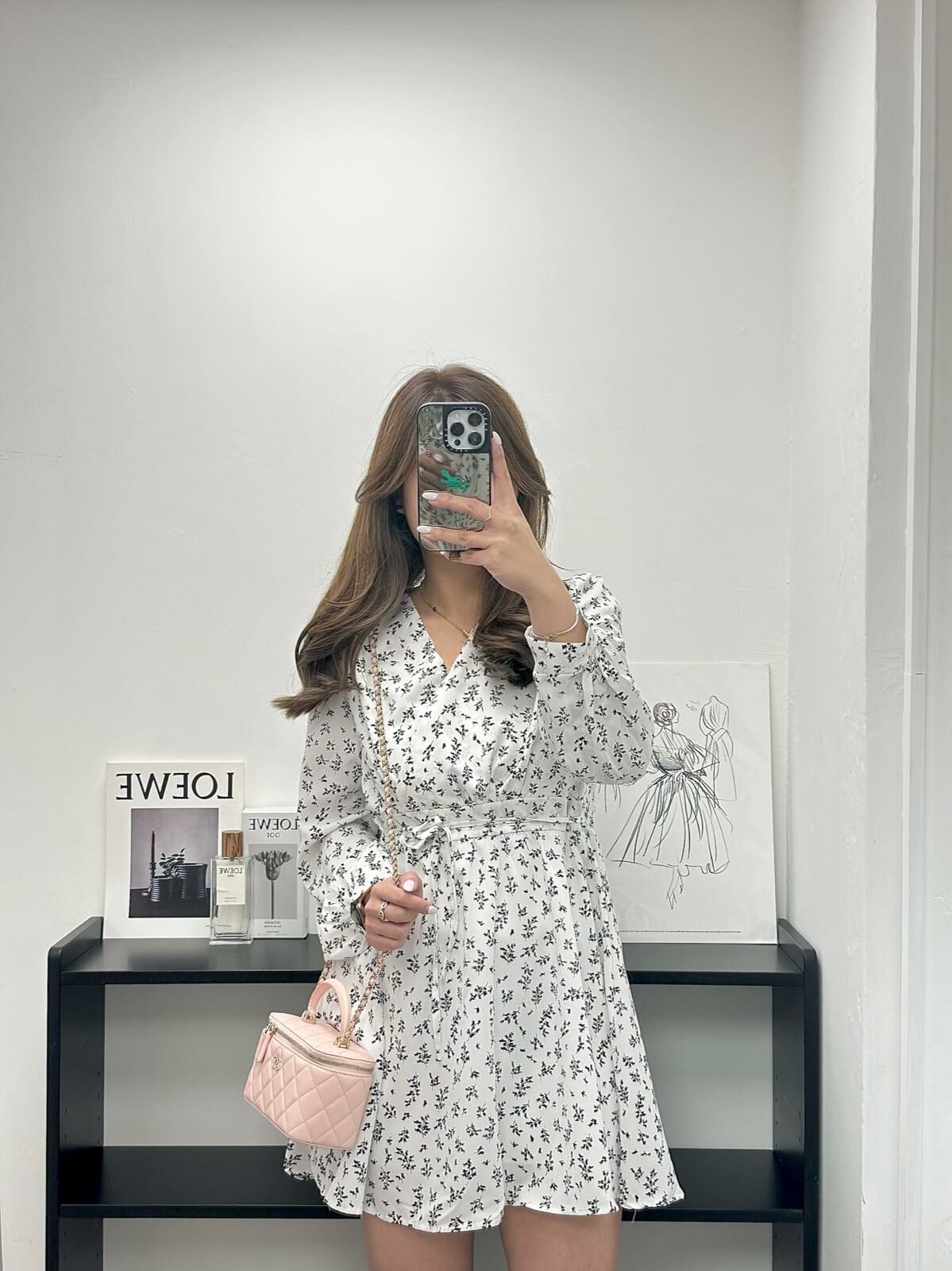 碎花交疊連身裙(白色)