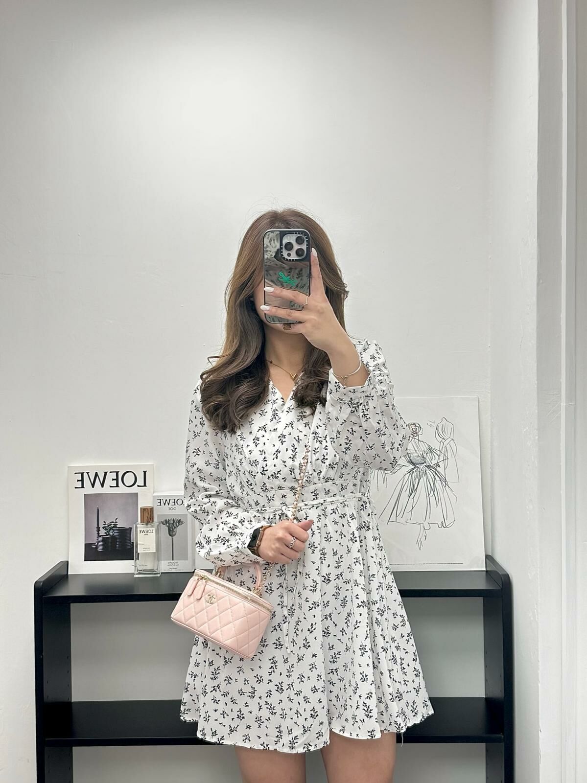 碎花交疊連身裙(白色)